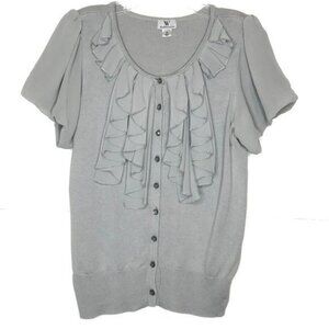 Worthington Cardigan Gray Poet Ruffles Short Sleeve Button Front Size S
